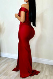 Red Sexy Formal Solid Backless Slit Off the Shoulder Long Dress Dresses