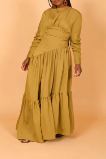 Yellow Casual Solid Patchwork Fold O Neck Long Dress Dresses