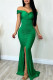 Green Sexy Formal Solid Backless Slit Off the Shoulder Long Dress Dresses
