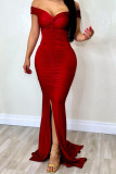 Red Sexy Formal Solid Backless Slit Off the Shoulder Long Dress Dresses