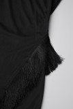 Black Casual Solid Tassel Patchwork O Neck Short Sleeve Dress