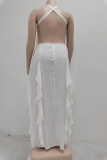 White Fashion Solid Flounce Halter Cake Skirt Dresses