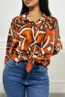 Tangerine Red Casual Print Patchwork Buckle Shirt Collar Tops