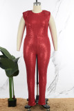 Red Casual Patchwork Sequins O Neck Plus Size Jumpsuits (Without Belt)