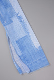 Blue Casual Print Slit Turndown Collar Long Sleeve Dresses