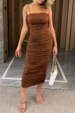 Khaki Sexy Casual Solid Backless Fold Spaghetti Strap Wrapped Skirt Dresses