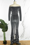 Grey Sexy Casual Solid Hollowed Out Backless Fold Off the Shoulder Skinny Jumpsuits