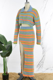 Colour Casual Striped Patchwork Turndown Collar Long Sleeve Two Pieces