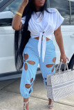 Sky Blue Sexy Solid Hollowed Out Patchwork Regular High Waist Conventional Patchwork Bottoms