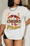 White Casual Print Patchwork Letter O Neck T-Shirts