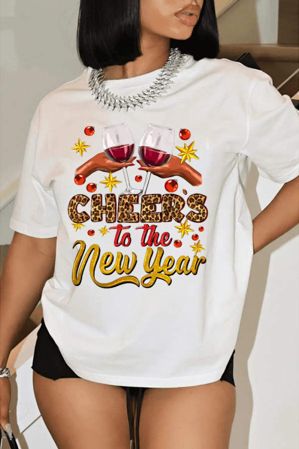 White Casual Print Patchwork Letter O Neck T-Shirts