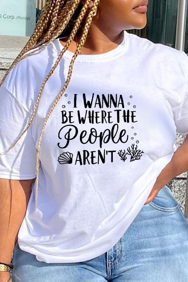 White Casual Street Print Patchwork Letter O Neck T-Shirts