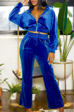 Royal Blue Casual Solid Patchwork Draw String Pocket Zipper Turndown Collar Long Sleeve Two Pieces