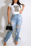White Casual Daily Print Patchwork O Neck T-Shirts