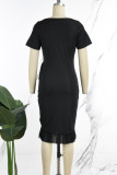 Black Casual Solid Tassel Patchwork O Neck Short Sleeve Dress