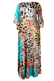 Red Casual Print Patchwork O Neck Long Dress Plus Size Dresses