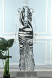 Black White Sexy Print Bandage Backless Halter Long Dress Dresses