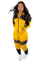 Yellow Casual Patchwork Mesh Solid pencil Long Sleeve Two-piece Pants Set