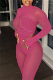 Rose Red Sexy Patchwork Solid Hot Drilling Hollowed Out See-through Turtleneck Skinny Jumpsuits