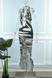 Black White Sexy Print Bandage Backless Halter Long Dress Dresses