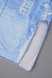 Blue Casual Print Slit Turndown Collar Long Sleeve Dresses