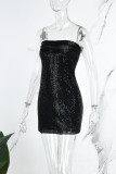 Black Sexy Solid Sequins Patchwork Backless Strapless Wrapped Skirt Dresses