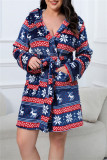 Tibetan Blue Casual Living Print Frenulum Hooded Collar Plus Size Sleepwear