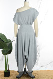 Grey Casual Solid Backless Oblique Collar Short Sleeve Two Pieces