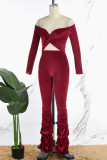 Deep Red Sexy Casual Solid Hollowed Out Backless Fold Off the Shoulder Skinny Jumpsuits