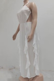 White Fashion Solid Flounce Halter Cake Skirt Dresses