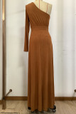 Brown Casual Solid Backless Slit Oblique Collar Long Dress Dresses