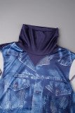Blue Casual Print Hollowed Out Patchwork Turtleneck Long Dress Dresses