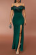 Ink Green Sexy Solid Sequins Patchwork Backless Slit Off the Shoulder Evening Dress Dresses