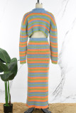 Colour Casual Striped Patchwork Turndown Collar Long Sleeve Two Pieces