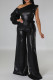 Black Elegant Solid Bandage Patchwork Oblique Collar Loose Jumpsuits