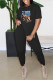 Black Casual Print Basic O Neck Short Sleeve Two Pieces