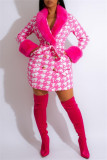Pink Casual Print Patchwork With Belt Turndown Collar Long Sleeve Plus Size Overcoat