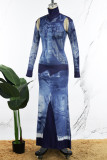 Blue Casual Print Hollowed Out Patchwork Turtleneck Long Dress Dresses