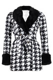 Black Casual Print Patchwork With Belt Turndown Collar Long Sleeve Plus Size Overcoat