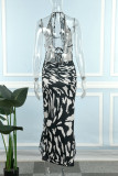 Black White Sexy Print Bandage Backless Halter Long Dress Dresses
