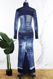 Blue Casual Print Hollowed Out Patchwork Turtleneck Long Dress Dresses