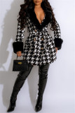 Black Casual Print Patchwork With Belt Turndown Collar Long Sleeve Plus Size Overcoat