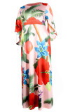 Black Red Casual Print Patchwork O Neck Long Dress Plus Size Dresses