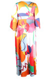 Red Casual Print Patchwork O Neck Long Dress Plus Size Dresses