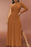 Brown Casual Solid Backless Slit Oblique Collar Long Dress Dresses