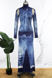 Blue Casual Print Hollowed Out Patchwork Turtleneck Long Dress Dresses
