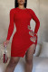 Red Sexy Hollowed Out Patchwork Slit Hot Drill O Neck Wrapped Skirt Dresses