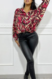 Red Casual Print Patchwork Buckle Shirt Collar Tops