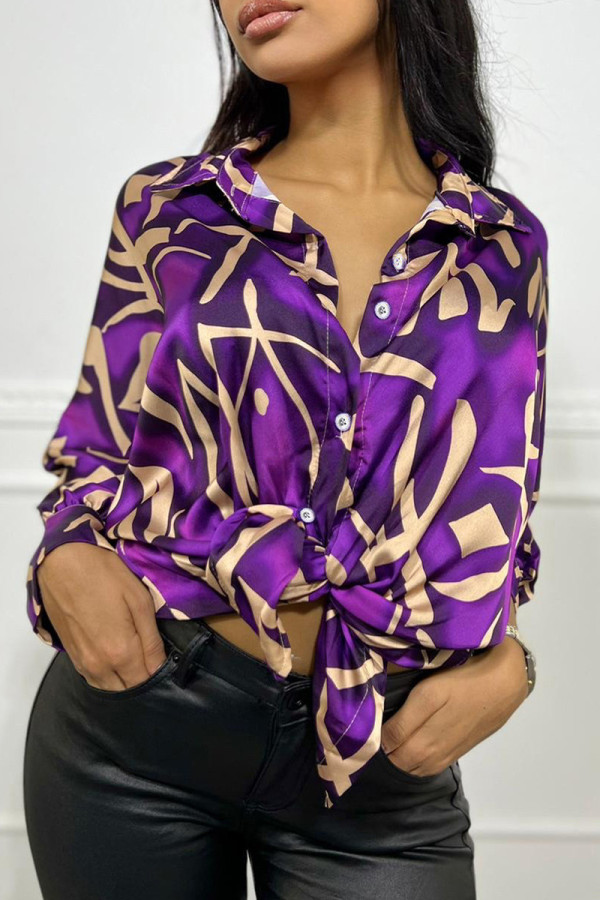 Purple Casual Print Patchwork Buckle Shirt Collar Tops