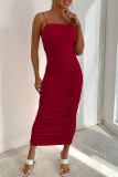 Red Sexy Casual Solid Backless Fold Spaghetti Strap Wrapped Skirt Dresses
